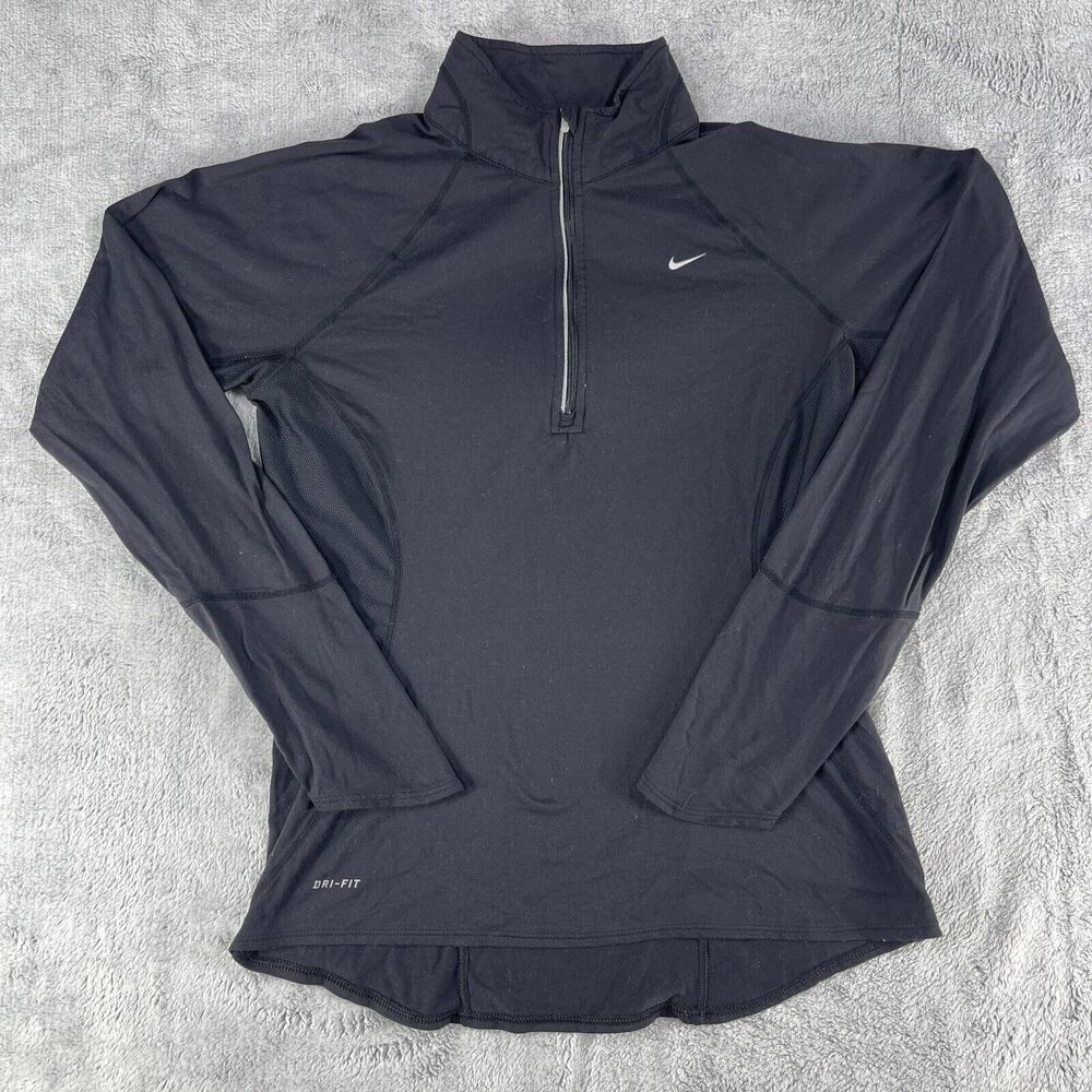 Nike Dri-Fit Top Women's Medium Black Nylon Stretch Logo Raglan Sleeve 1/2 Zip